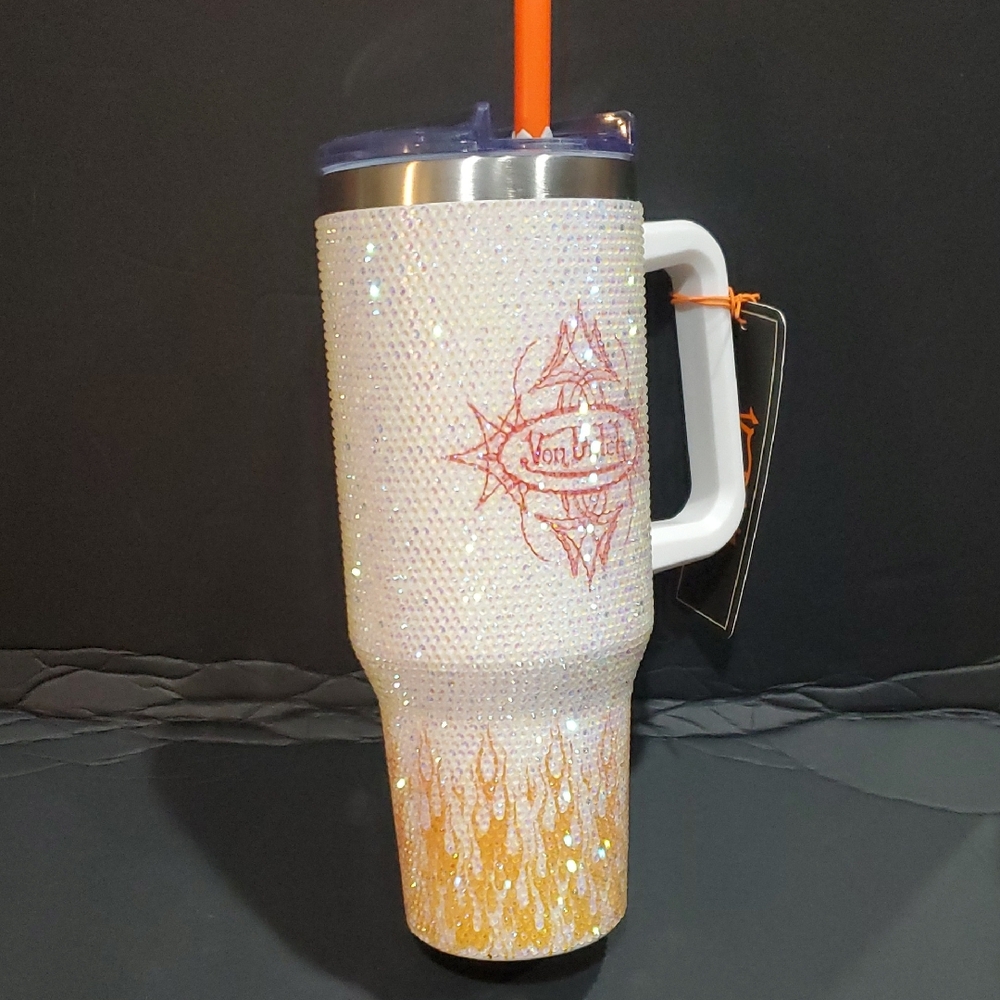 Von Dutch white Rhinestone studded bling flame effect insulated 40oz tumbler new